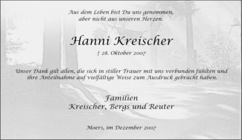 Traueranzeige von Hanni Kreischer von Tageszeitung