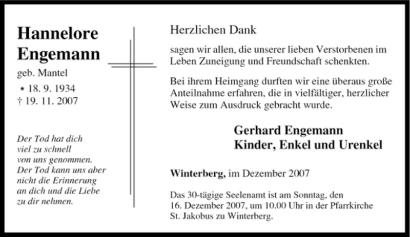  Traueranzeige für Hannelore Engemann vom 10.12.2007 aus Tageszeitung