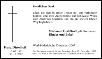 Traueranzeige von Franz Distelhoff von Tageszeitung