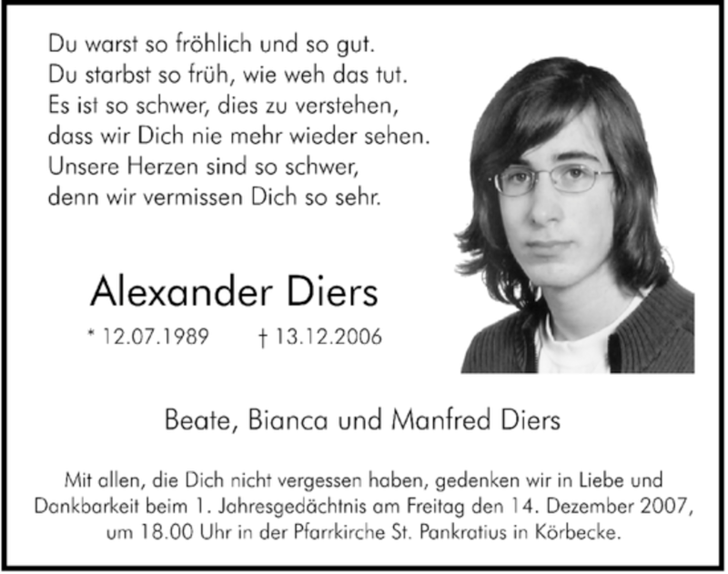  Traueranzeige für Alexander Diers vom 13.12.2007 aus Tageszeitung