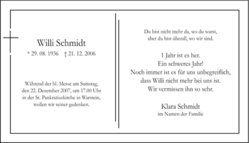 Traueranzeige von Willi Schmidt von Tageszeitung