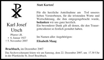 Traueranzeige von Karl Josef Utsch von Tageszeitung