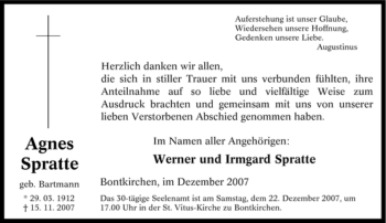 Traueranzeige von Agnes Spratte von Tageszeitung