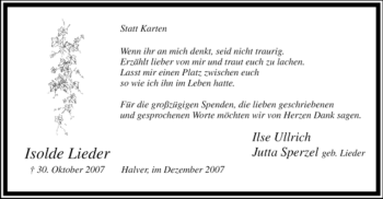 Traueranzeige von Isolde Lieder von Tageszeitung