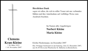Traueranzeige von Clemens Kran-Kleine von Tageszeitung