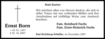 Traueranzeige von Ernst Born von Tageszeitung