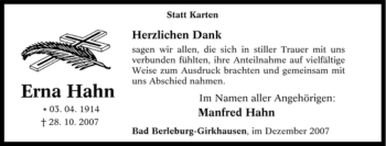 Traueranzeige von Erna Hahn von Tageszeitung