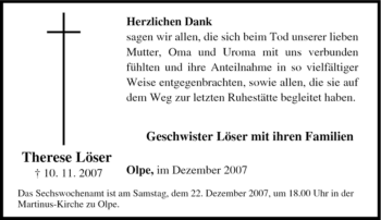 Traueranzeige von Therese Löser von Tageszeitung