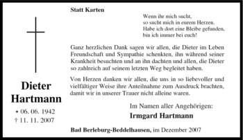 Traueranzeige von Dieter Hartmann von Tageszeitung