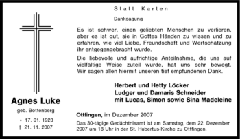 Traueranzeige von Agnes Luke von Tageszeitung