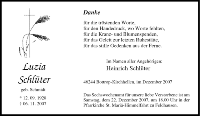  Traueranzeige für Luzia Schlüter vom 19.12.2007 aus Tageszeitung