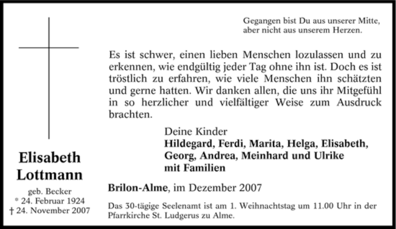  Traueranzeige für Elisabeth Lottmann vom 19.12.2007 aus Tageszeitung