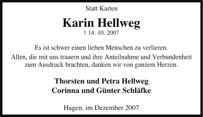 Traueranzeigen von Karin Hellweg TrauerinNRW.de