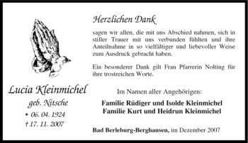 Traueranzeige von Lucia Kleinmichel von Tageszeitung
