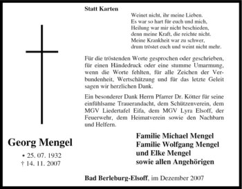 Traueranzeige von Georg Mengel von Tageszeitung