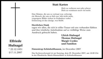 Traueranzeige von Elfriede Hufnagel von Tageszeitung