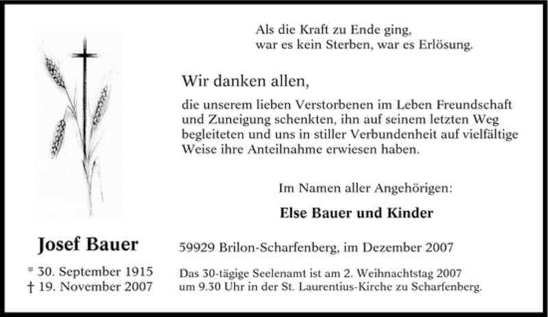  Traueranzeige für Josef Bauer vom 21.12.2007 aus Tageszeitung