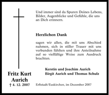 Traueranzeige von Fritz Kurt Aurich von Tageszeitung