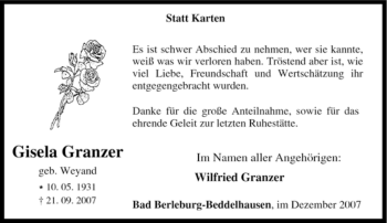 Traueranzeige von Gisela Granzer von Tageszeitung