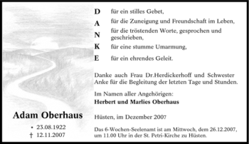 Traueranzeige von Adam Oberhaus von Tageszeitung