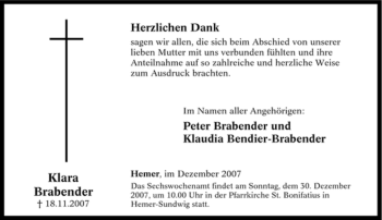 Traueranzeige von Klara Brabender von Tageszeitung