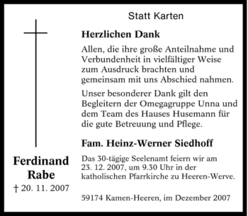 Traueranzeige von Ferdinand Rabe von Tageszeitung