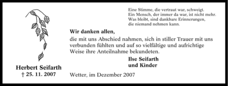  Traueranzeige für Herbert Seifarth vom 22.12.2007 aus Tageszeitung