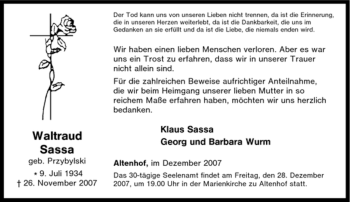 Traueranzeige von Waltraud Sassa von Tageszeitung