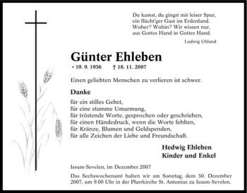 Traueranzeige von Günter Ehleben von Tageszeitung