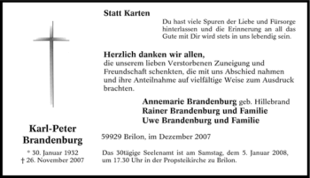 Traueranzeige von Karl-Peter Brandenburg von Tageszeitung