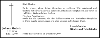 Traueranzeige von Johann Gutwin von Tageszeitung