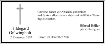 Traueranzeige von Hildegard Gräwingholt von Tageszeitung