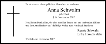 Traueranzeige von Anna Schwalm von Tageszeitung