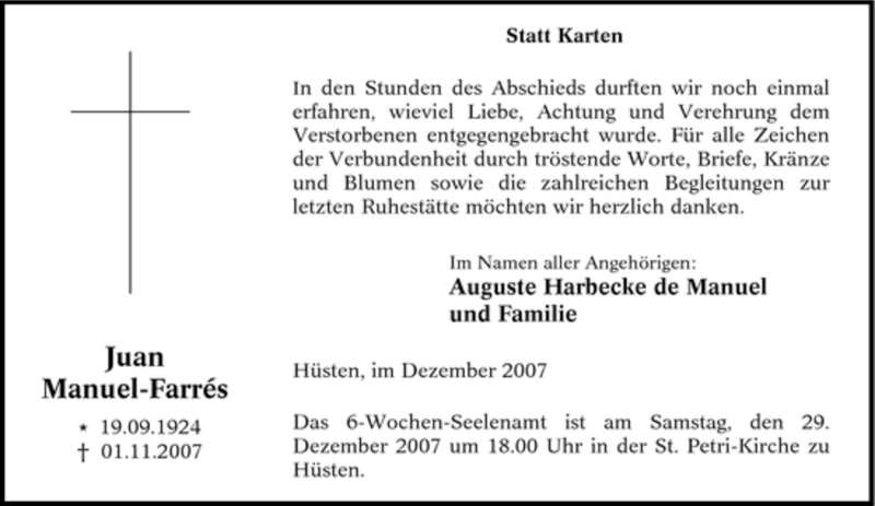  Traueranzeige für Juan Manuel-Farrés vom 24.12.2007 aus Tageszeitung