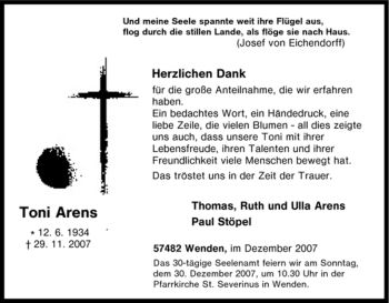 Traueranzeige von Toni Arens von Tageszeitung