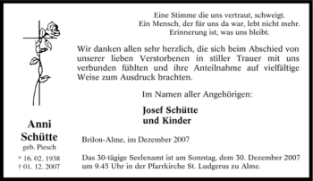 Traueranzeige von Anni Schütte von Tageszeitung