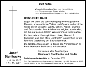 Traueranzeige von Josef Stahlhacke von Tageszeitung