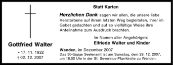 Traueranzeige von Gottfried Walter von Tageszeitung