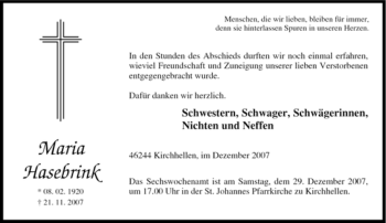 Traueranzeige von Maria Hasebrink von Tageszeitung