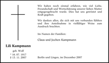 Traueranzeige von Lili Kampmann von Tageszeitung