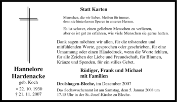 Traueranzeige von Hannelore Hardenacke von Tageszeitung
