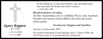 Traueranzeige von Agnes Kappen von Tageszeitung