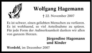 Traueranzeige von Wolfgang Hagemann von Tageszeitung