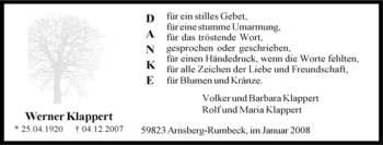 Traueranzeige von Werner Klappert von Tageszeitung