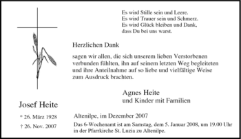 Traueranzeige von Josef Heite von Tageszeitung