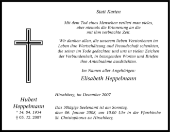Traueranzeige von Hubert Heppelmann von Tageszeitung