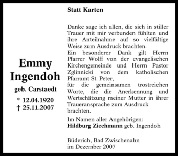 Traueranzeige von Emmy Ingendoh von Tageszeitung