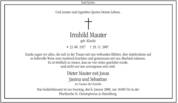 Traueranzeige von Irmhild Mauter von Tageszeitung