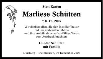 Traueranzeige von Marliese Schütten von Tageszeitung