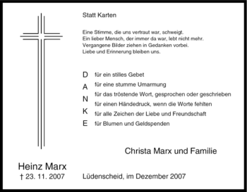 Traueranzeige von Heinz Marx von Tageszeitung